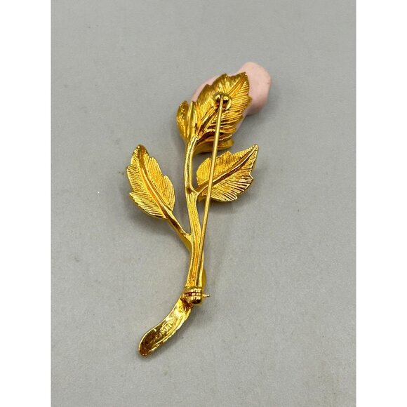 Avon Vintage Rose Brooch Gold Tone Pink Ceramic Flower Vintage Brooch Pin - Picture 4 of 6